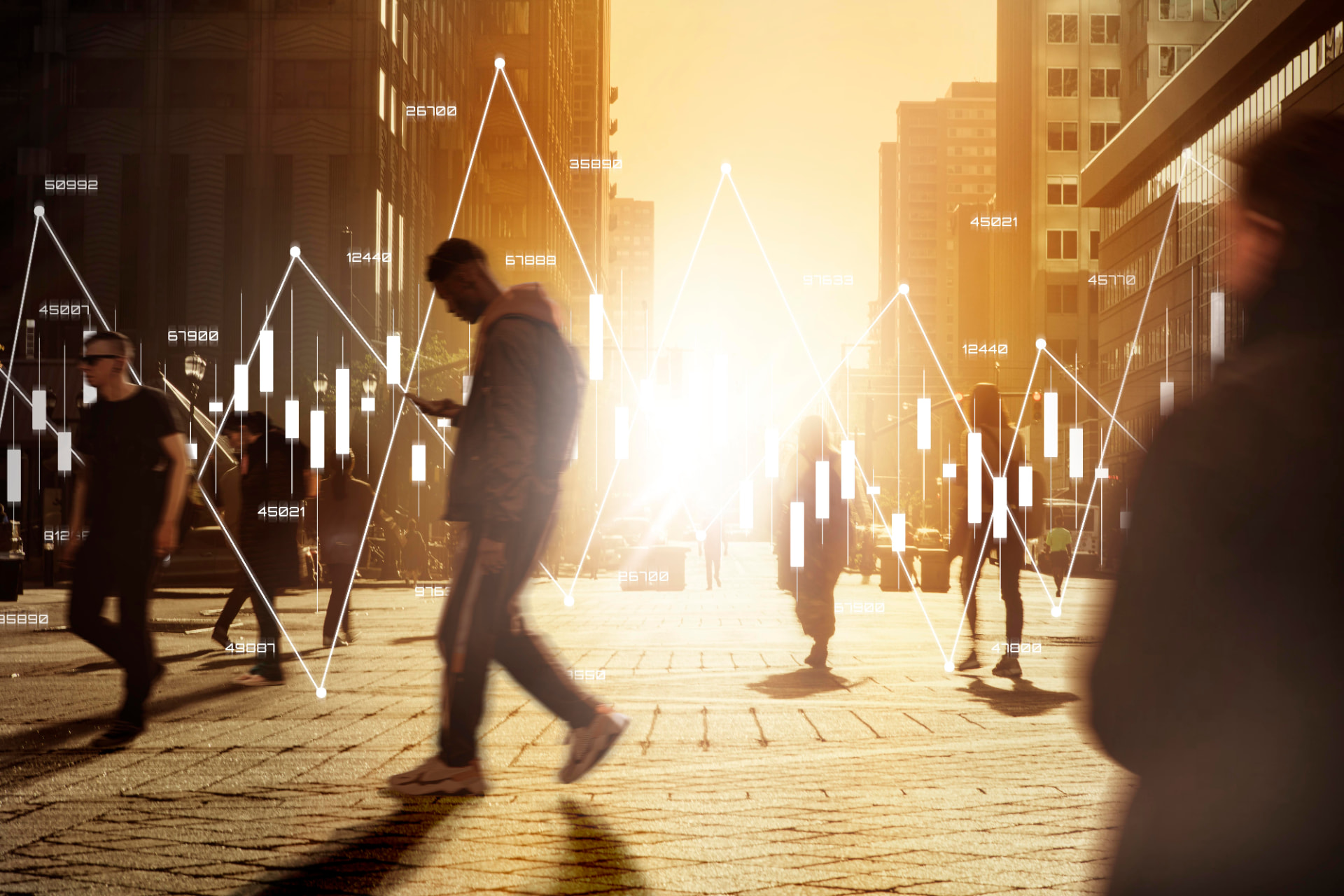 Economic data visualised over a city street